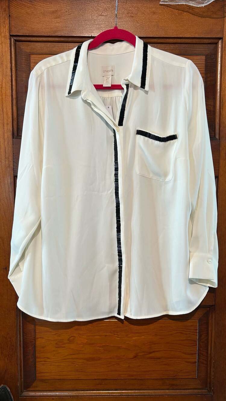 Chico's Embellished Trim Woven Shirt Ecru Ivory Button Down Top